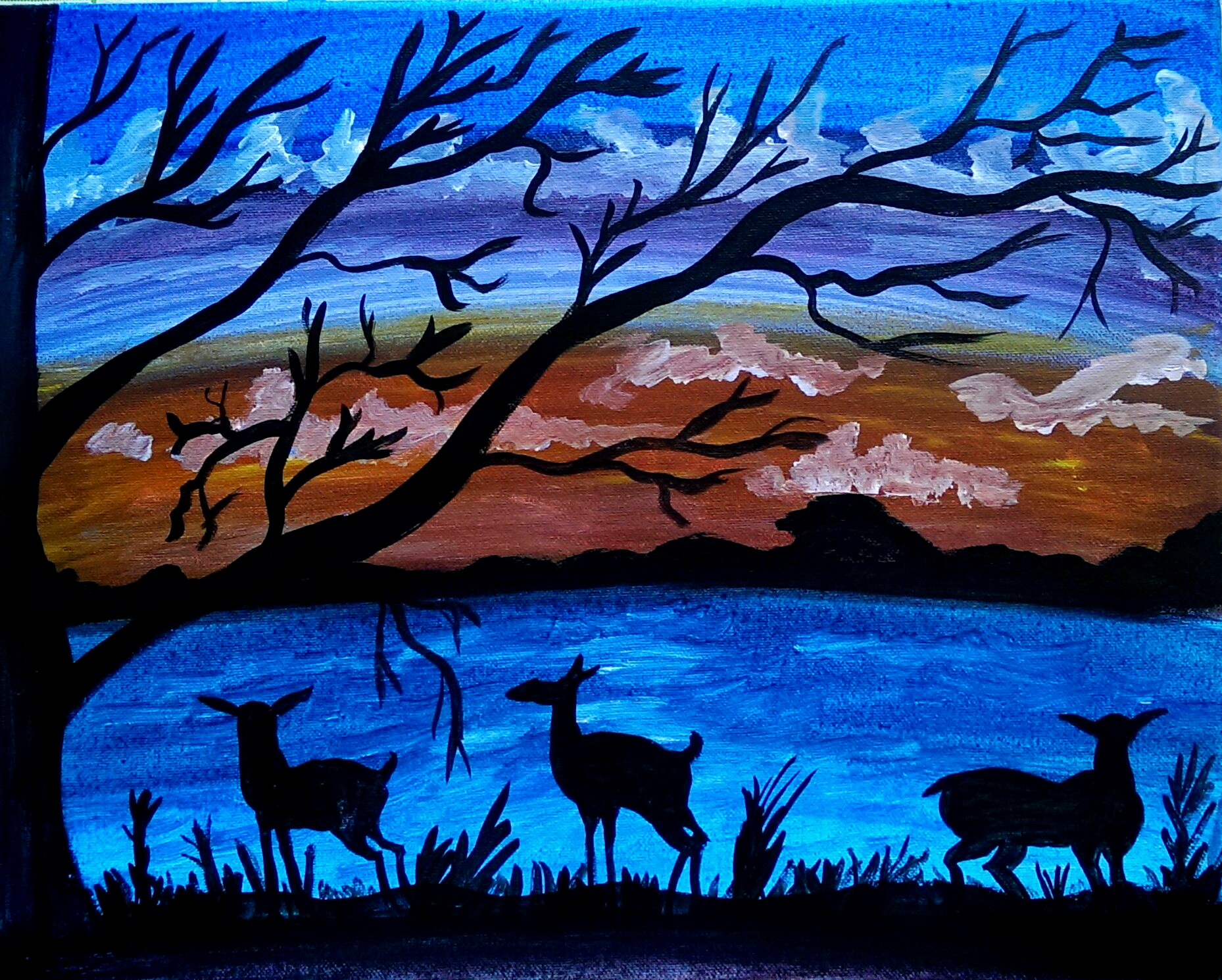 Deer and sunset lake
